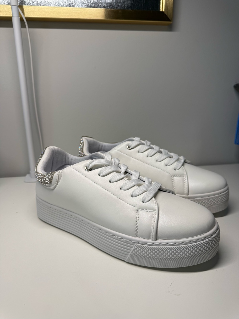Qupid White Rhinestone Platform Sneakers - Size 9
